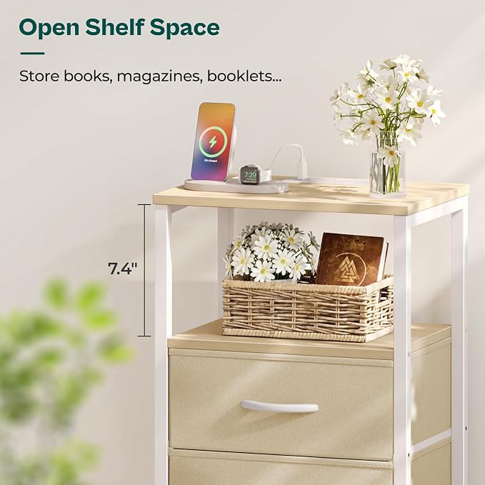 Huuger Nightstand with Charging Station, Side Table with Fabric Drawers | End - Image 8