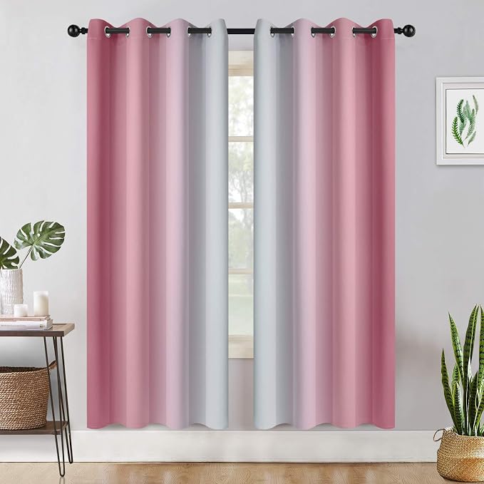 COSVIYA Grommet Room Darkening Ombre Pink Curtains W52xL72 inch | Pink and - Image 2