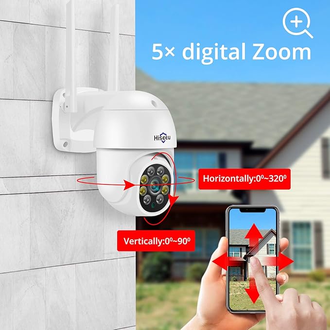 Hiseeu 5MP 360° Pan Tilt Camera WiFi Security Camera Outdoor Motion Tracking Floodlights Light Alarm,Color Night Vision,PC&Mobile Remote View,Two-Way Audio Security Camera