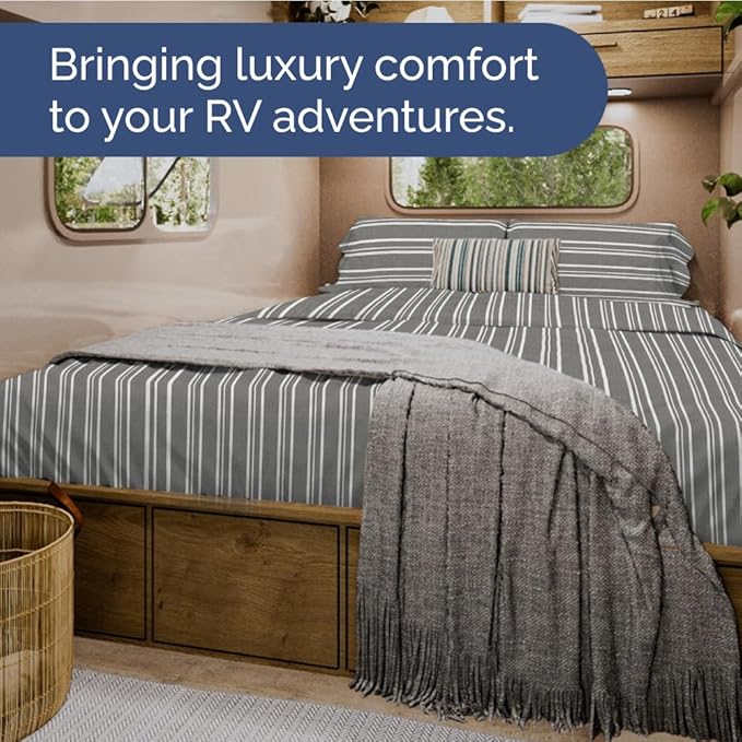 RV Short Queen Sheet Set 60 X 75 - 4 Piece RV Short Queen Bed Sheets - Soft, Breathable & Cooling - Designed for Bunks, Trailers & Campers - Fits 8” to 12" Mattress - Luxury Bedding - Grey Stripes 3