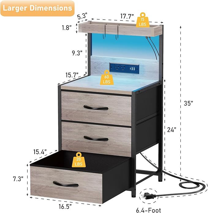 SZLHANJZ Night Stand Set 2, LED Lights and Charging Station, 3 Drawers | - Image 3