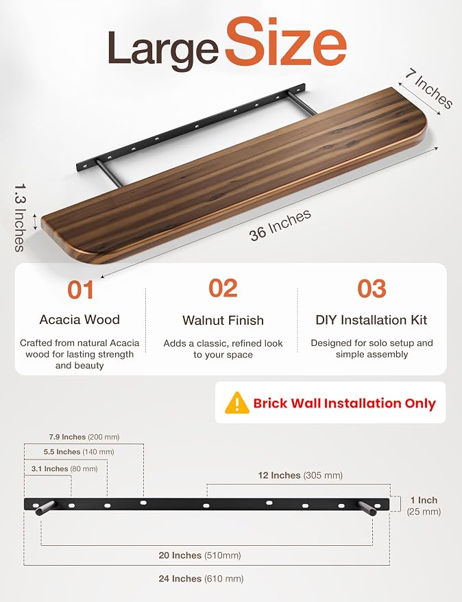 BATODA Floating Shelves for Wall, Round Edge, Walnut Color | Solid Acacia Wood - Image 2