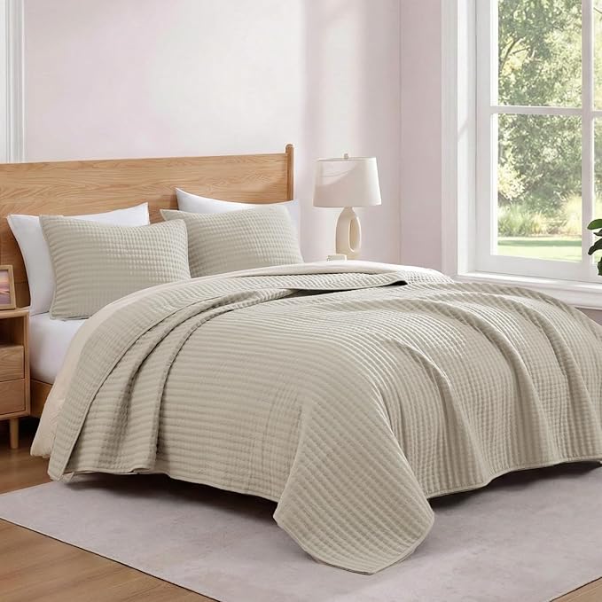 Queen Quilt Lightweight Bedspreads Oatmeal Queen Size Quilt Bedding Set | Soft - Image 4