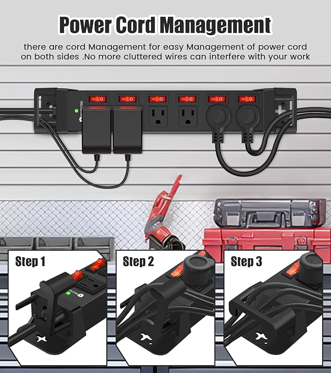 Heavy Duty Power Strip,6 Outlets Metal Power Strip with Individual Switch & Cord Management,Mountable Surge Protector 1200J,10FT Extension Cord (Black,10 FT)