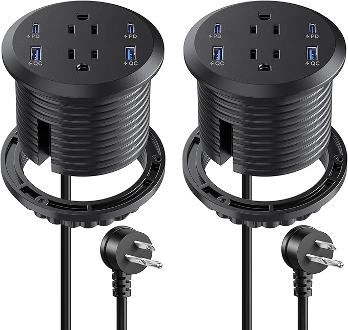 3 inch Desktop Power Grommet USB C,65W Fast Charging Station,Furniture Recessed Power Strip,2 Outlets,4 USB Ports,Flush-Mount for Desktop, Workspace Essential Desk Outlet,2 Pack (Black)