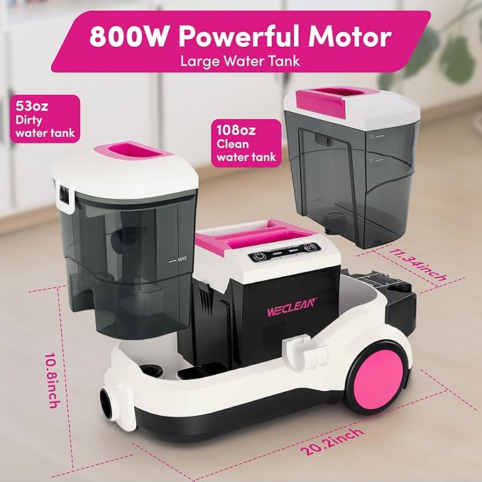WECLEAN Carpet Cleaner Machine and Stain Remover for Deep Cleaning Upholstery for Carpets Rugs and Fabric Seats,800W 18Kpa，3L Clean Tank and 1.5L Dity Tank, Pink