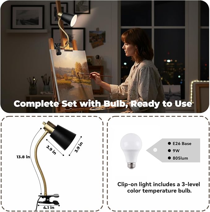 Desk lamp Eye-Caring Table Lamps, 360°Rotation Gooseneck Clip on Lamp Reading - Image 5