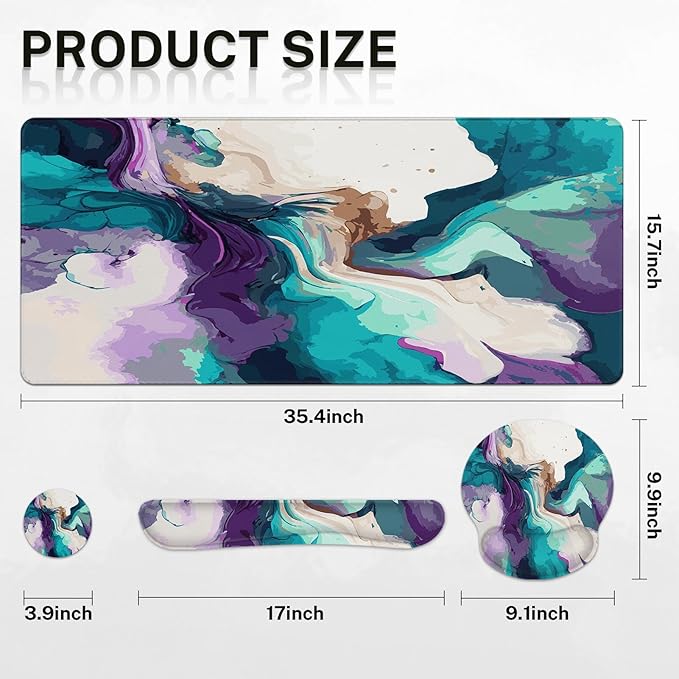 Britimes Teal and Purple Liquid Marbling Keyboard Mouse Pad Set 4in1 Large Mousepad+Keyboard Wrist Rest+Mouse Wrist Rest+Coaster Set with Ergonomic Design for Home Office Computer 35.4x15.7 inches