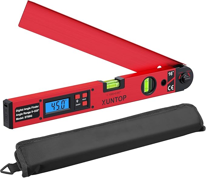 XUNTOP 0-225°/0.5° Digital Angle Finder 16” Aluminum Angle Measuring Tool with Horizontal&Vertical Bubbles Digital Protractor with LCD Display for Woodworking, Construction, Machinery