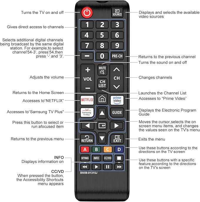 Replacement Remote for Samsung Smart TVs, Universal Control Compatible with BN59-01315J/A, BN59-01199F, for Samsung 4K 8K QLED UHD LCD HDTV