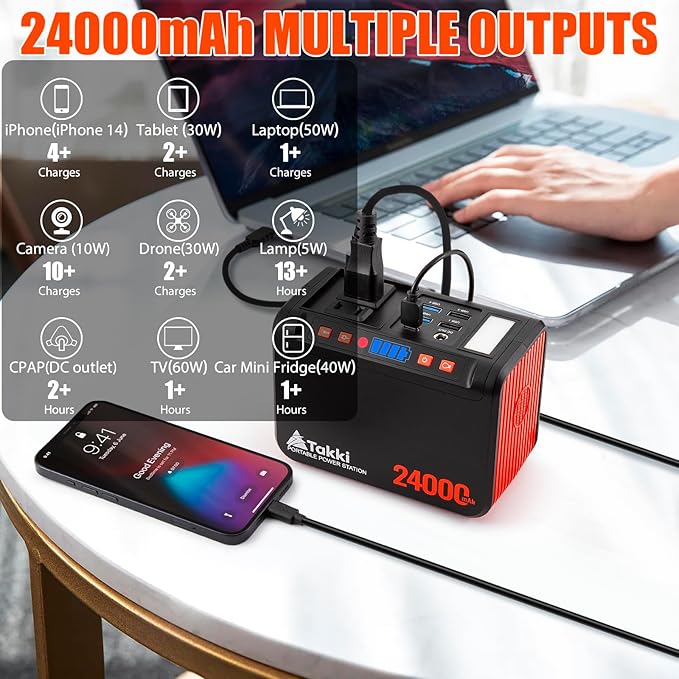 Takki 88.8Wh Portable Power Station Lithium Battery Small Generator Power Bank with 110V AC Outlet Battery Backup for Camping Home Use Emergency(Solar Panel Optional)