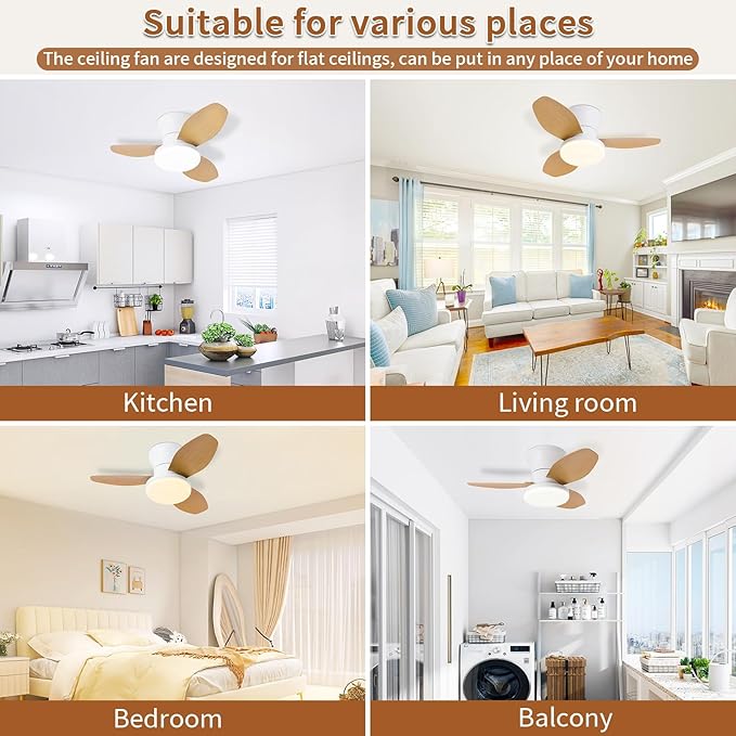 Glowall Small Ceiling Fan with Lights, 25 Inch Flush Mount with Remote Control, Reversible Quiet DC Motor, 3 Blades, 6 Speeds, Dimmable LED, Adjustable Color Temperature, Timer