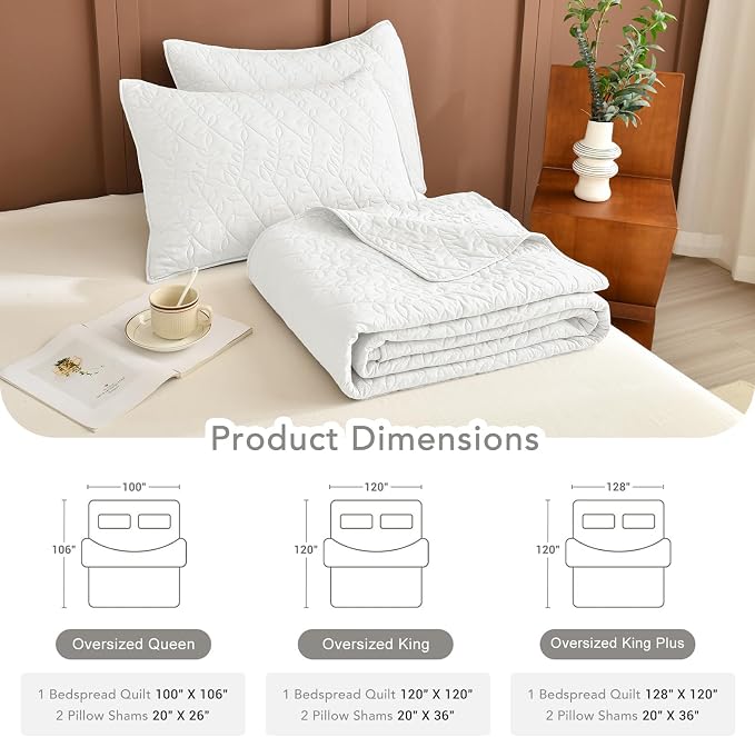 Lady Ann White Oversized King Quilt 128x120, Leaves Pattern Printed Oversized - Image 7