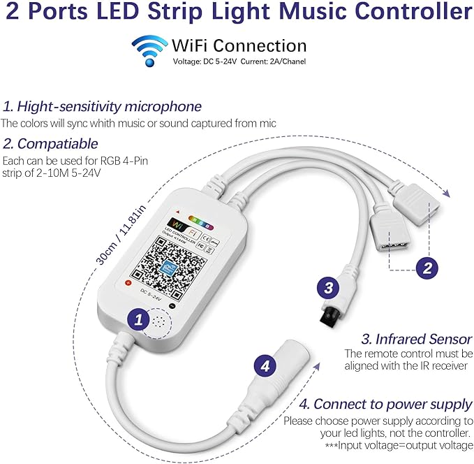 Taoellen Smart WiFi & IR Dual-Control RGB LED Controller - 2.4GHz/Infrared Wireless, 2-Channel 4-PIN Output with Music Sync, Compatible with 5050/3528 LED Strips