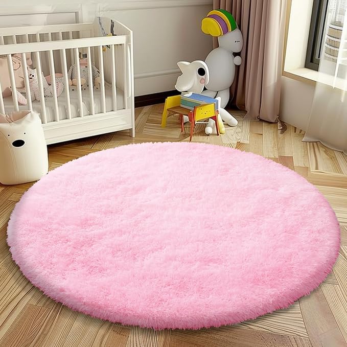 Pink Round Shag Area Rug for Bedroom, Washable Fuzzy Carpet for Room Boys Girls - Image 3