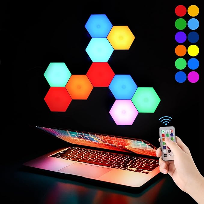 Vcwtty Hexagon Lights, Smart LED Wall Lights with Remote, 13 Colors Touch-Sensitive DIY Modular Assembled RGB Wall Panels, Hex Light with USB-Power for Autism, Game Room Decor, Party (12 Pack)
