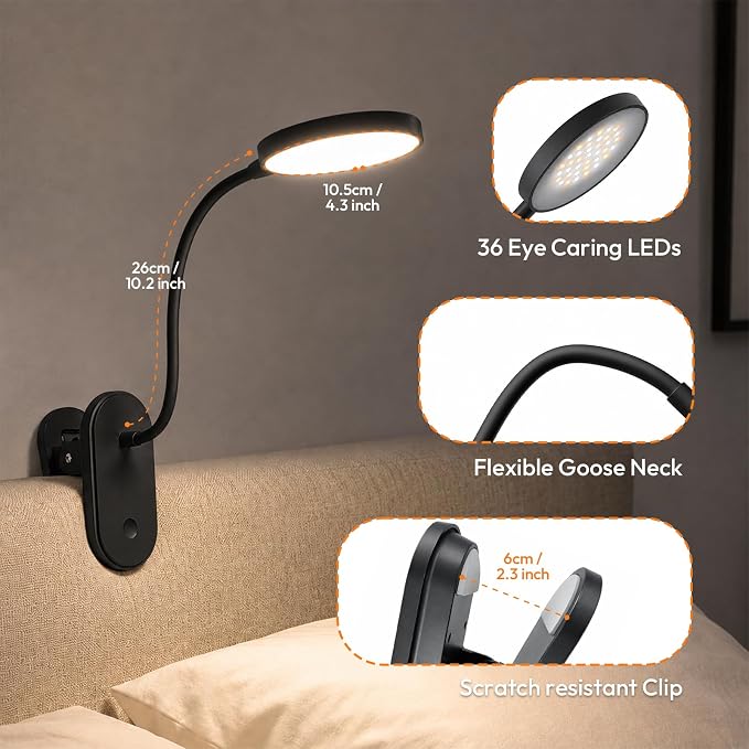 Clip on Light, Stepless Dimmable & 3 Colors Touch Control Clip On Bed Light. - Image 5