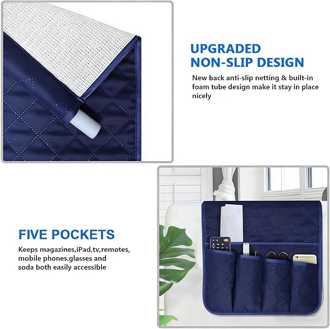 Armchair Caddy for Recliner, Non Slip Sofa Arm Organizer, Deep Blue | 5-Pocket - Image 2