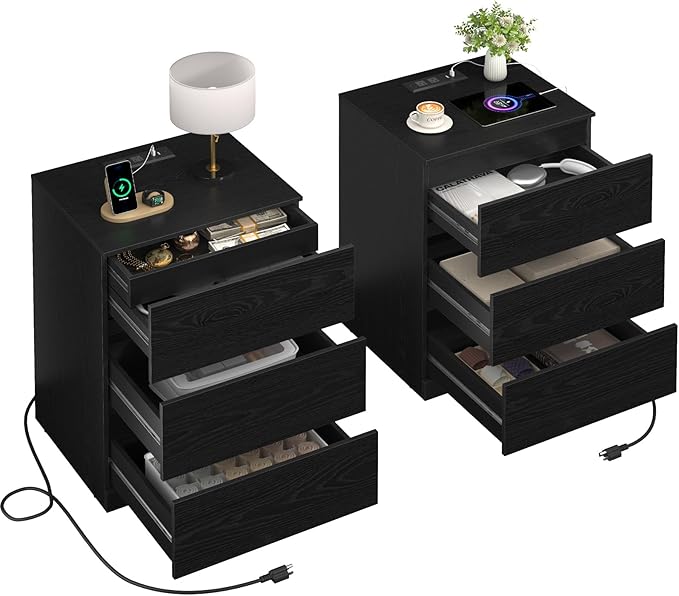 Nightstands Set of 2 with Charging Station and Hidden Drawer, Modern Night Stand by Draelibor