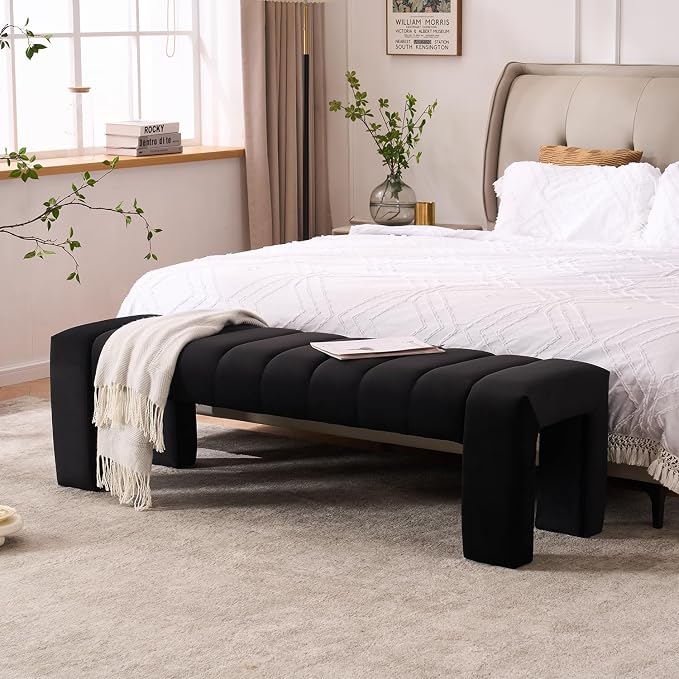 59" Velvet Black Bench for Bedroom King Size Bed Window End of Bed | Long - Image 3