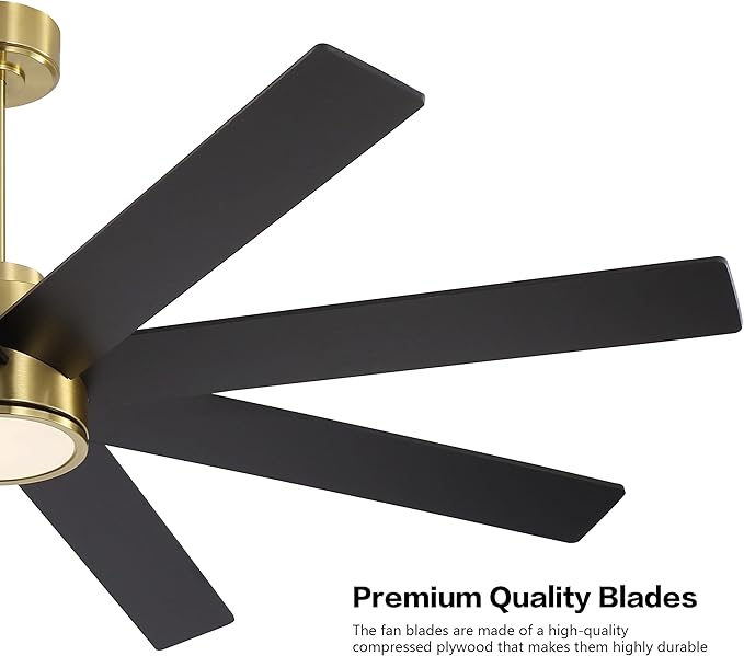 WINGBO 60" Large DC Ceiling Fans with Lights and Remote, 3 Downrods, 8 Plywood Blades, 6-Speeds Reversible DC Motor, 3CCT, Indoor Ceiling Fan for Bedroom Living Room Patio, Brass and Black