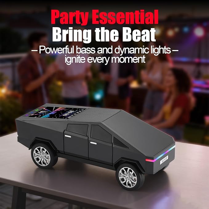 Futuristic Pickup Truck Bluetooth Speaker with LED Display Screen – Practical Gift Choice for Car Model Fans & Audio Users, TWS Stereo, FM Radio, USB/TF Playback, Front LED Headlights, Mic(Black)