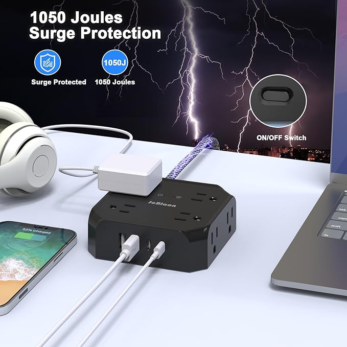 10FT Surge Protector Power Strip, Braided Extension Cord, 8 Outlets 4 USB Ports(2 USB C), Flat Plug Power Strip, USB Desktop Charging Station for Office School Travel Dorm Room Essentials