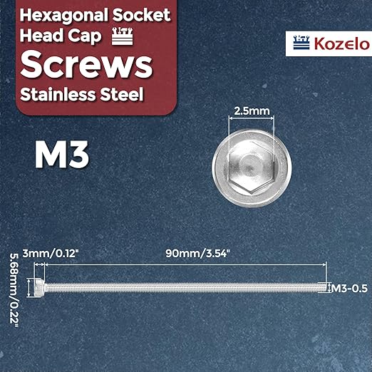 Kozelo 6pcs Socket Head Cap Screws - [M3-0.5 x 90mm] 304 Stainless Steel Allen Socket Drive for Electrical Motor 3D Printing Fan Engine Replacement Use, Silver