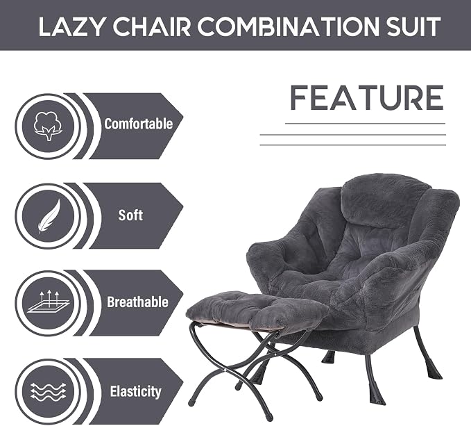 Lazy Chair with Ottoman, Comfy Accent Reading Chair, Plush Navy | Foldable - Image 7