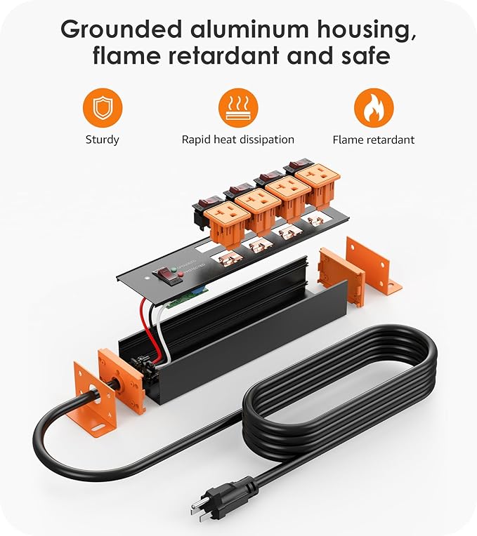 CCCEI Heavy Duty Surge Protector Power Strip 20 Amp Individual Switches. 20FT 12 Gauge Extension Cord with Multiple Outlets. Kitchen, Garage, Shop, Industrial Wall Mount Electric Extender, Orange.