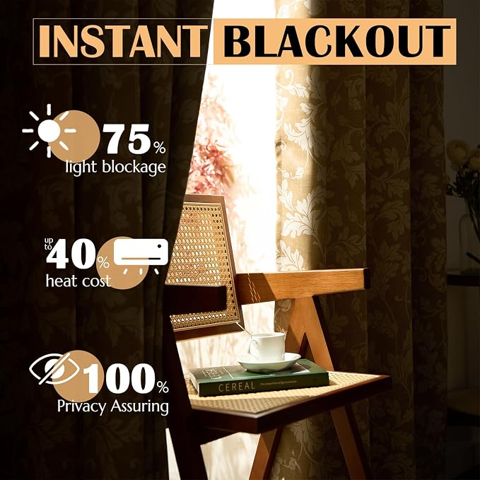 jinchan Brown Floral Blackout Curtains 84 Inch Farmhouse Grommet 2 Panels | - Image 2