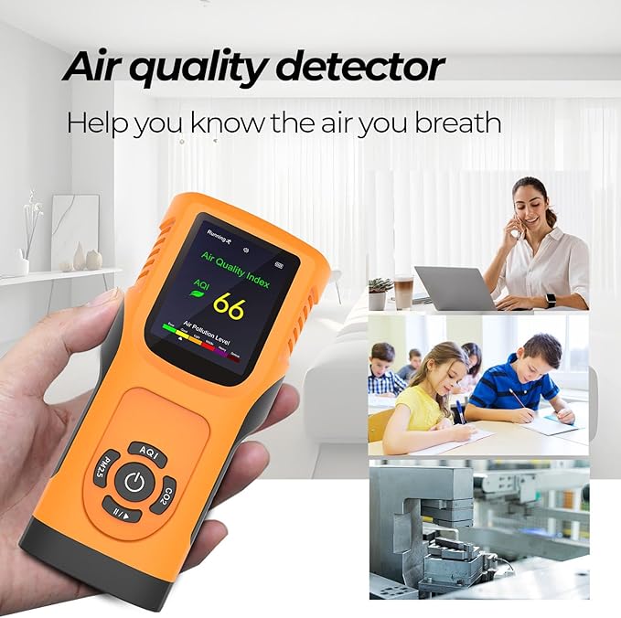 Portable 6-in-1 Air Quality Monitor Indoor Air Quality Tester Air Quality Meter with CO2 TVOC PM2.5 PM10 Particles AQI Detector for Cars Home School Office 3000mAh Battery