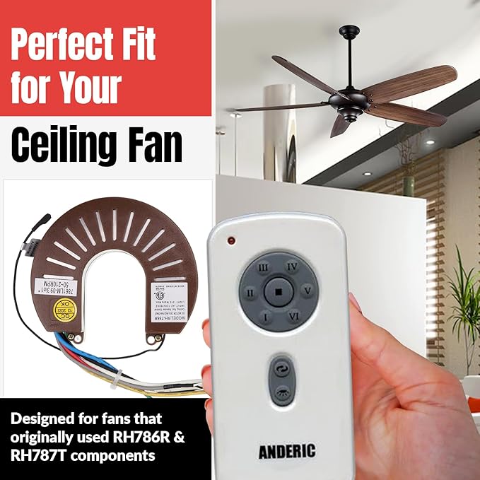Anderic RH786R/RR787T-KIT 6-Speed DC Ceiling Fan Remote Control Kit Replacement for Casablanca Fanimation Slinger Holliston Panama Stealth Fellini – Light Dimmer, Reverse Function - CHQRH787T RH786R