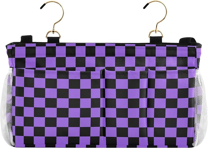 Checkerboard Black Purple Plaid Print Bedside Caddy Storage Bag Bedside - Image 2