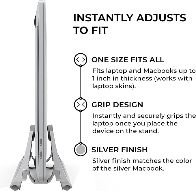 HumanCentric Vertical Laptop Stand for Desks in Silver Color, Upright Adjustable Holder to Dock Apple MacBook Stand, and Other Laptops to Organize Work & Home Office, Automatic Grip