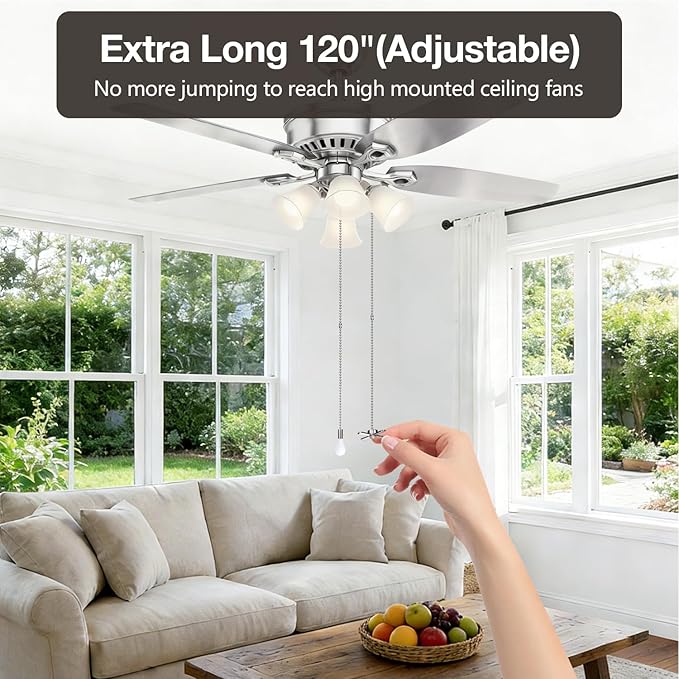 SmoTecQ 10 Feet (120 Inch) Ceiling Fan Pull Chain Extension - Nickel Plated Silver - 3mm Beaded Ball Chain with 12 Connectors - Rust Proof Solid Brass for Light Fixtures & DIY Crafts