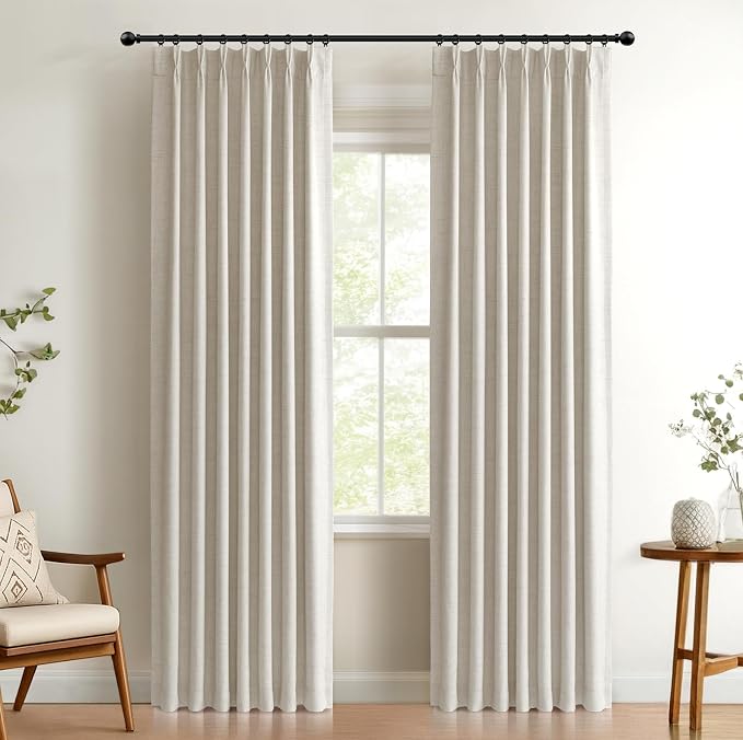 Pinch Pleated Full Blackout Faux Linen Curtains 96 Inches Long | Beige by 100BlackoutShield