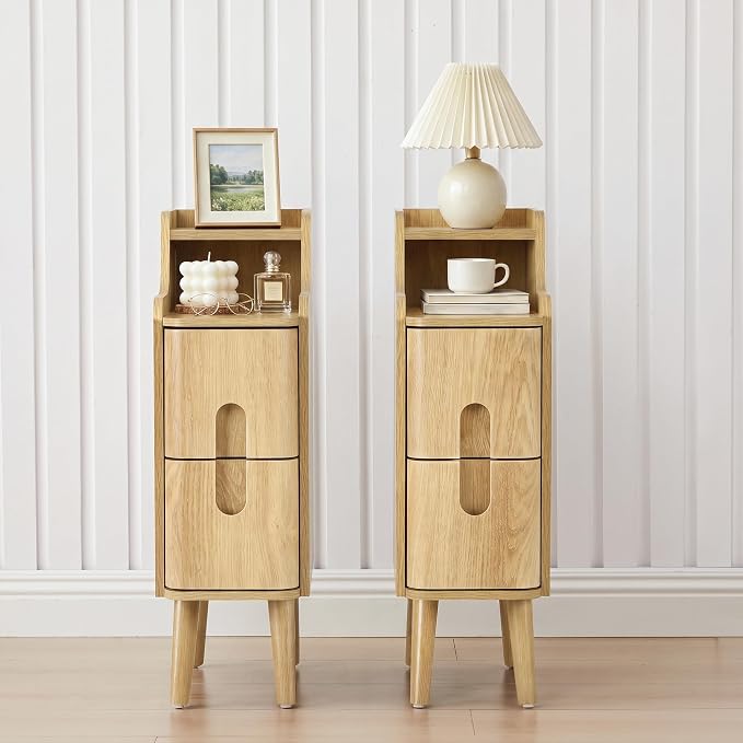 FurSch Narrow Nightstand, Wooden 2 Drawer, Skinny Bedside Table, Mid Century by FurSchFurniture