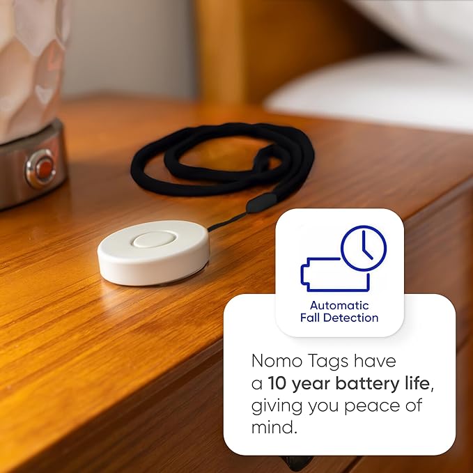 Emergency Alert & Movement Sensor Tags – Elderly Monitoring with Emergency Panic Button, Wearable Fall Detection for Seniors, Water-Resistant - Works with Nomo Care Kit -10-Year Battery Life - 4 Tags