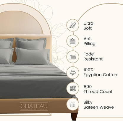 100% Egyptian Cotton XLTwin Sheets Set, 800TC Sateen Weave 3 PC Twin XL Bed Sheets, Fully Elasticated Sheet & Pillowcase Sets, Soft & Comfy No lint Machine Washable Fade Resistant- Silver