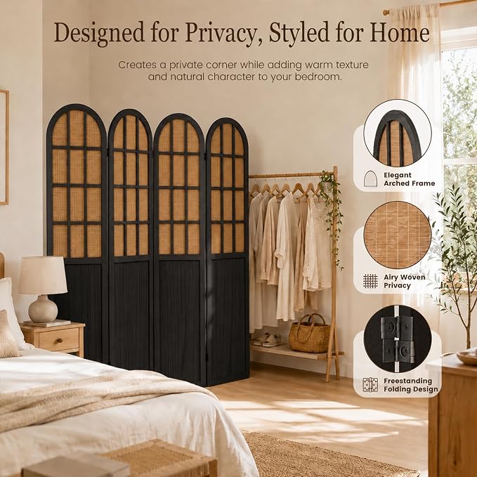 4 Panel Room Divider Privacy Screen Bamboo Wood Black | Folding Freestanding - Image 3