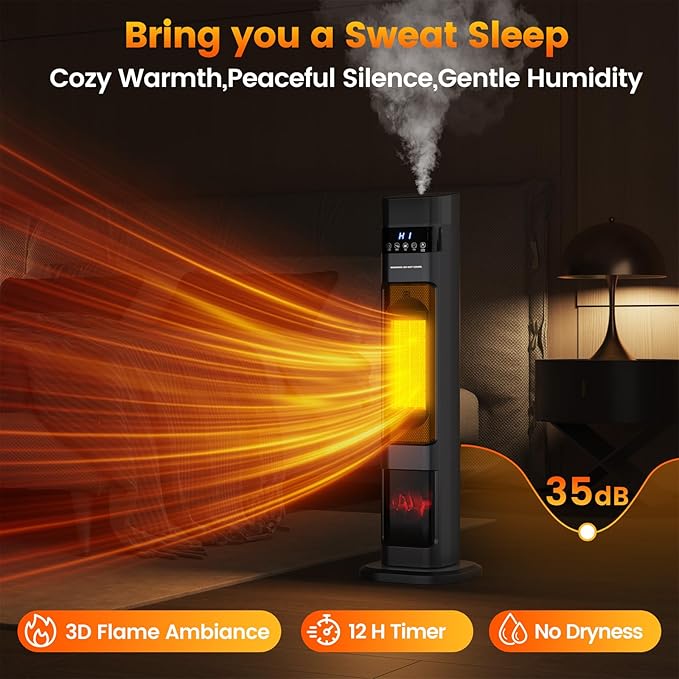 Auertech 31" Space Heater with Humidifier, 3 in 1 Electric Space Heater with 3D Flame, Oscillating Room Heaters with 3 Heating Modes, 12H Timer, Space Heaters for Indoor Use Large Room, Bedroom