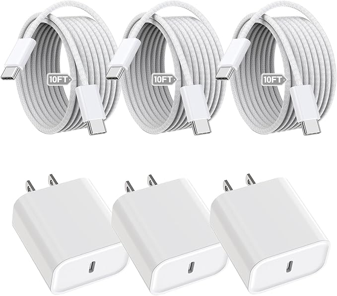 iPhone 16 15 Charger Fast Charging,3Pack 20W Fast Charging USB C Charger with 10Foot Long Type C to C Cable Cord TypeC Block Brick for iPhone 17/16e/16/16Pro/16 Plus/16 ProMax/15 Pro,iPad Air/Pro/Mini
