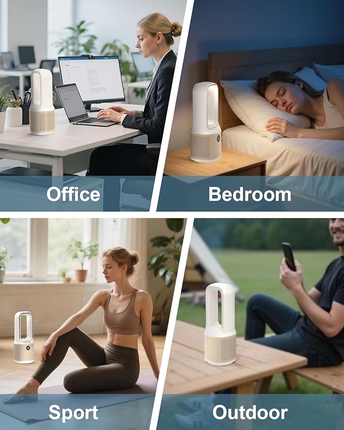 MEIIS Desk Fan, Small Quiet Bladeless Fan with 9 Speed Adjustment & 3 Light Modes, 14 Inch USB Rechargeable with 5000mAh Battery, 60° Oscillating Cooling Fans for Office, Living Room, Bedroom White