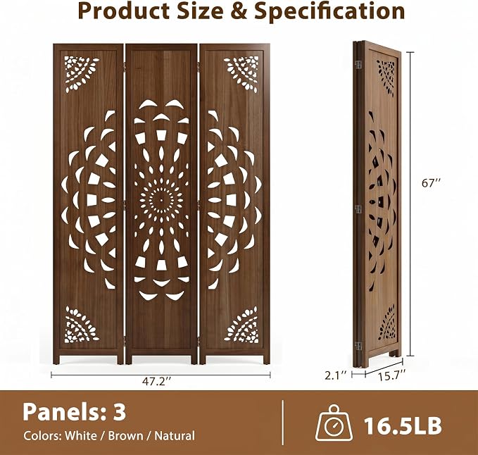 3 Panel Room dividers, 66.9" Boho Double-Sided Carved Screen, Freestanding - Image 6