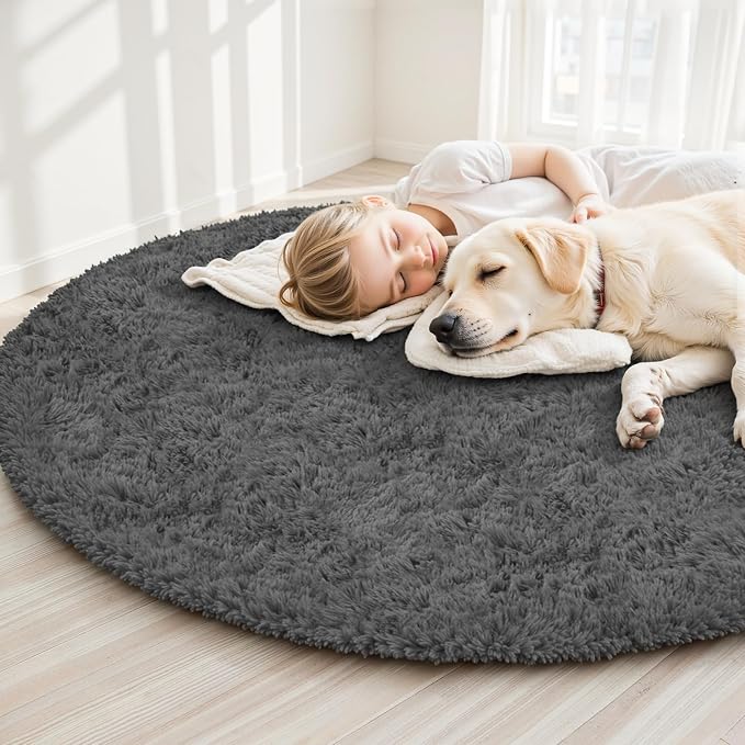 Dark Gray Round Fluffy Rug 5ft Plush Fuzzy Shaggy Carpet | Soft Rugs - Image 3