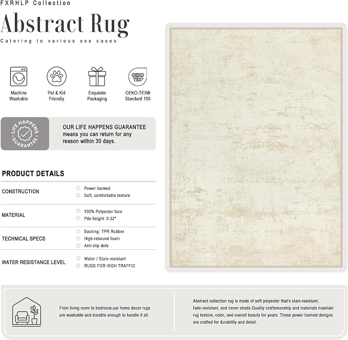 3x8 Washable Runner Rug：Modern Abstract Kitchen Soft Carpet Beige | - Image 3