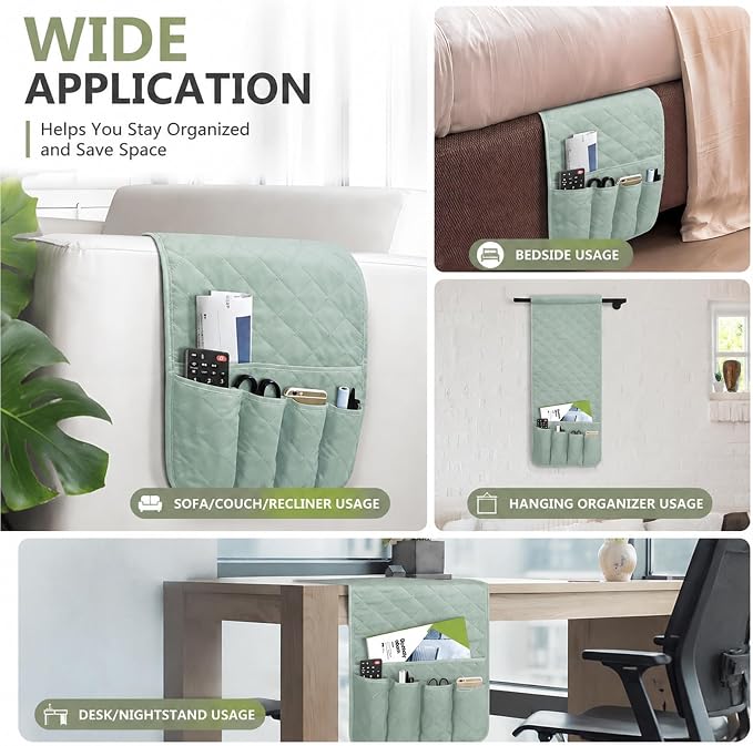 Armchair Caddy for Recliner, Non Slip Sofa Arm Organizer, Sage Green | 5-Pocket - Image 5