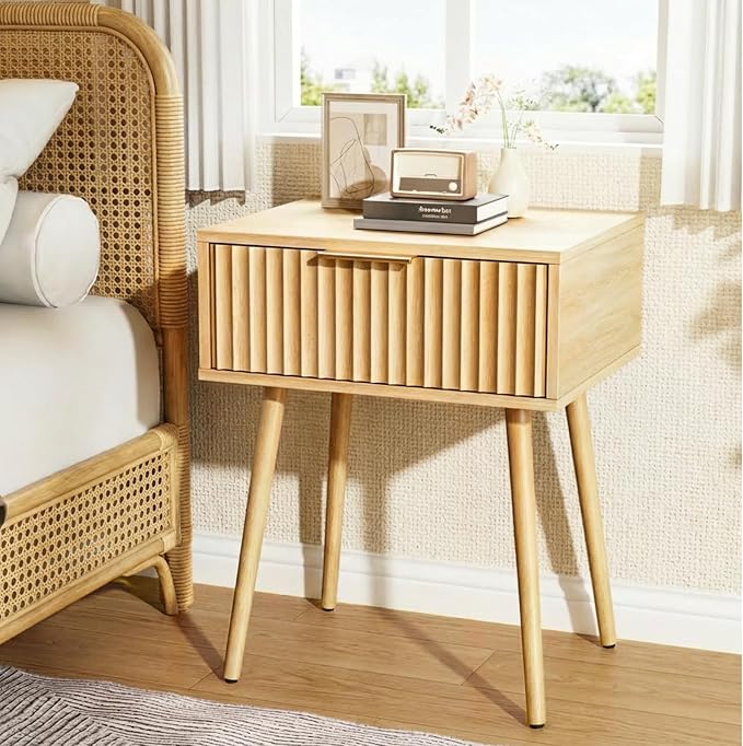 VINGLI Fluted Nightstand with Drawer, Bedside Table, End Tables Bedroom by VINGLI