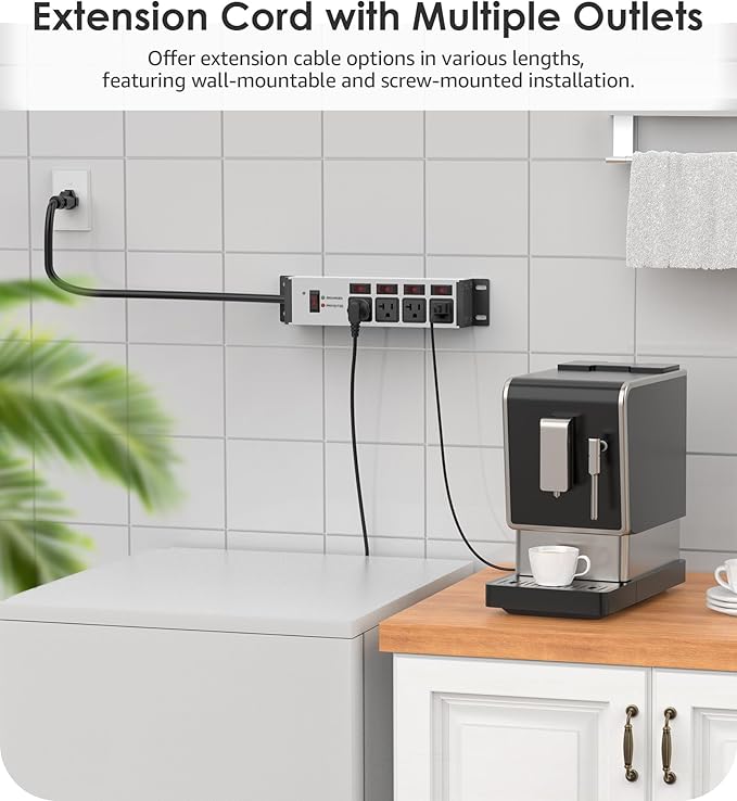 CCCEI Heavy Duty Surge Protector Power Strip 20 Amp Individual Switches. 10FT 12 Gauge Extension Cord with Multiple Outlets. Kitchen, Garage, Shop, Industrial Wall Mount Electric Extender, Grey.